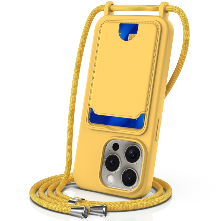 

For iPhone 16 Pro Integrated Card Bag Solid Color Liquid Silicone Phone Case with Lanyard(Yellow)