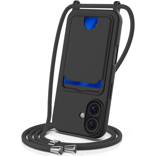 

For iPhone 16 Plus Integrated Card Bag Solid Color Liquid Silicone Phone Case with Lanyard(Black)