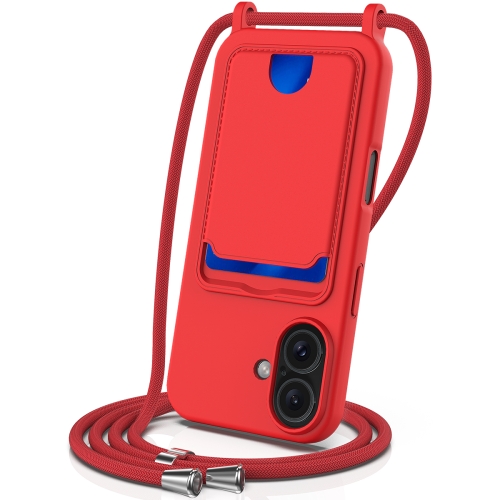 

For iPhone 16 Integrated Card Bag Solid Color Liquid Silicone Phone Case with Lanyard(Red)