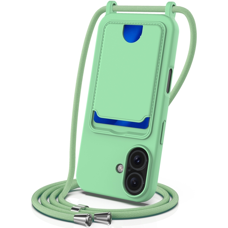 

For iPhone 16 Integrated Card Bag Solid Color Liquid Silicone Phone Case with Lanyard(Green)