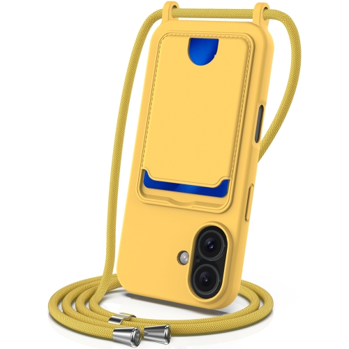 

For iPhone 16 Integrated Card Bag Solid Color Liquid Silicone Phone Case with Lanyard(Yellow)