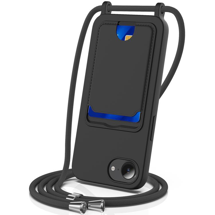 

For iPhone 16e Integrated Card Bag Solid Color Liquid Silicone Phone Case with Lanyard(Black)