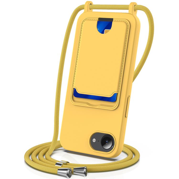 

For iPhone 16e Integrated Card Bag Solid Color Liquid Silicone Phone Case with Lanyard(Yellow)