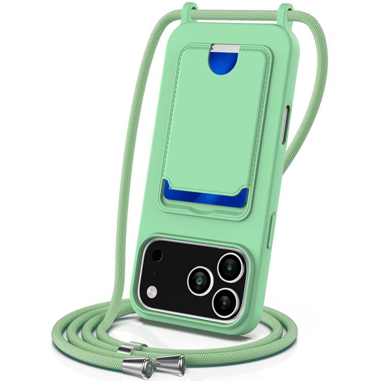 

For iPhone 17 Pro Integrated Card Bag Solid Color Liquid Silicone Phone Case with Lanyard(Green)