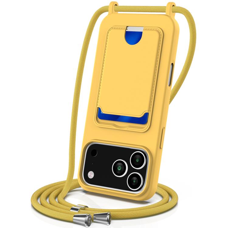 

For iPhone 17 Pro Integrated Card Bag Solid Color Liquid Silicone Phone Case with Lanyard(Yellow)