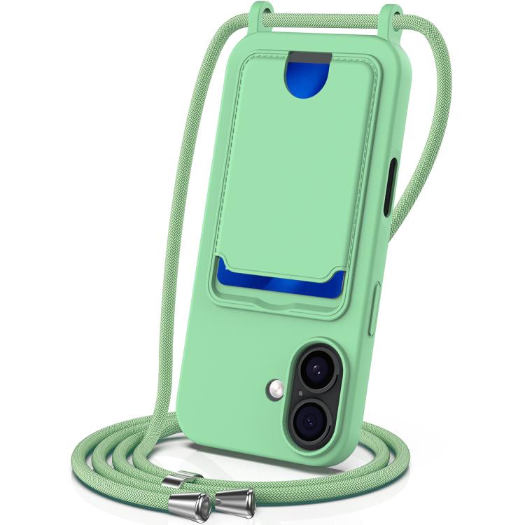 

For iPhone 17 Integrated Card Bag Solid Color Liquid Silicone Phone Case with Lanyard(Green)