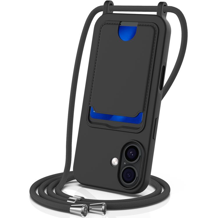 

For iPhone 17 Integrated Card Bag Solid Color Liquid Silicone Phone Case with Lanyard(Black)
