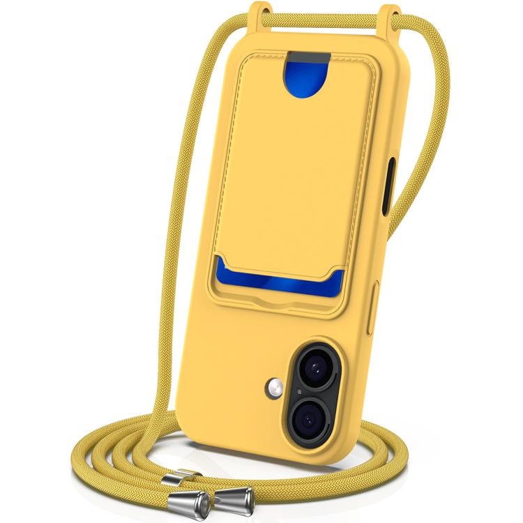 

For iPhone 17 Integrated Card Bag Solid Color Liquid Silicone Phone Case with Lanyard(Yellow)