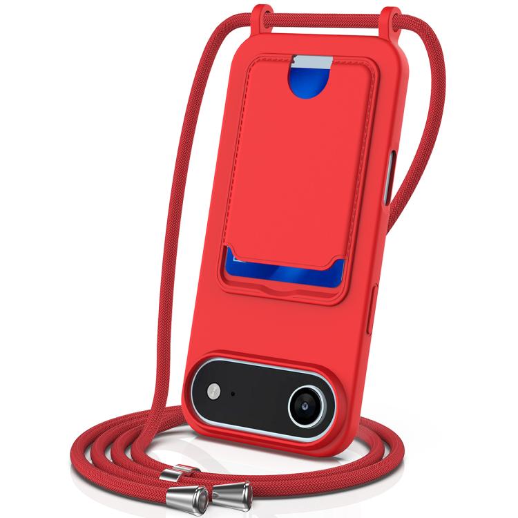 

For iPhone 17 Air Integrated Card Bag Solid Color Liquid Silicone Phone Case with Lanyard(Red)