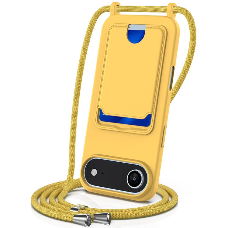 

For iPhone 17 Air Integrated Card Bag Solid Color Liquid Silicone Phone Case with Lanyard(Yellow)