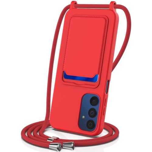 

For Samsung Galaxy A15 4G/5G Integrated Card Bag Solid Color Liquid Silicone Phone Case with Lanyard(Red)