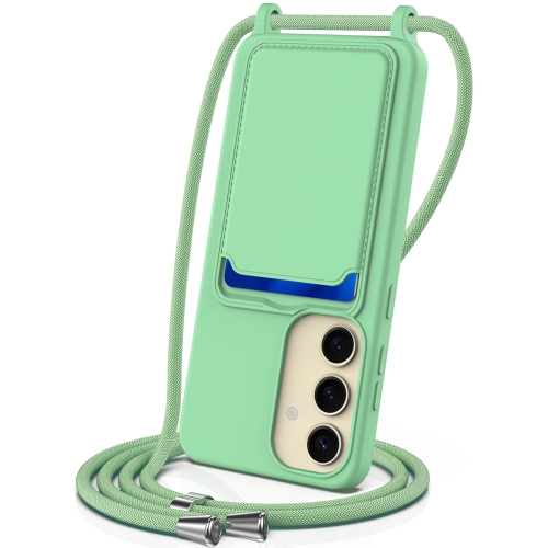 

For Samsung Galaxy S24+ 5G Integrated Card Bag Solid Color Liquid Silicone Phone Case with Lanyard(Green)