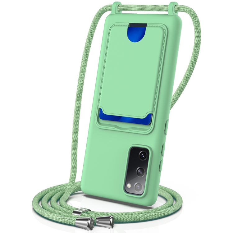

For Samsung Galaxy S20 FE Integrated Card Bag Solid Color Liquid Silicone Phone Case with Lanyard(Green)
