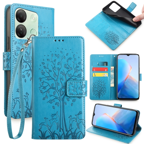 

For Infinix Smart 7 HD Tree & Deer Embossed Leather Phone Case(Blue)