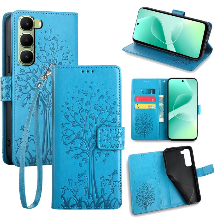 

For Infinix Hot 60 5G Tree & Deer Embossed Leather Phone Case(Blue)