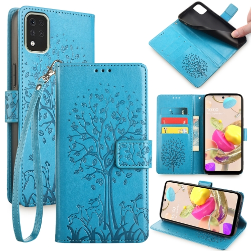 

For LG K42 Tree & Deer Embossed Leather Phone Case(Blue)