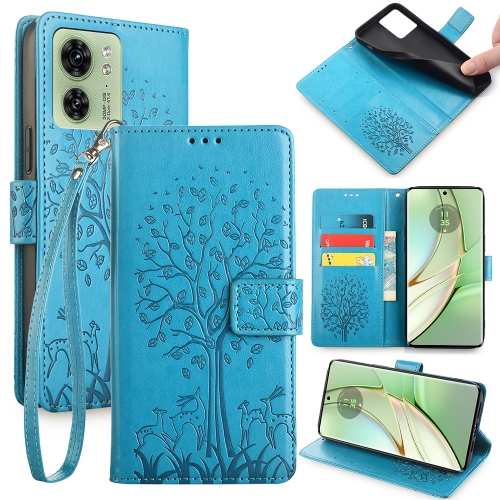 

For Motorola Edge 40 5G Tree & Deer Embossed Leather Phone Case(Blue)