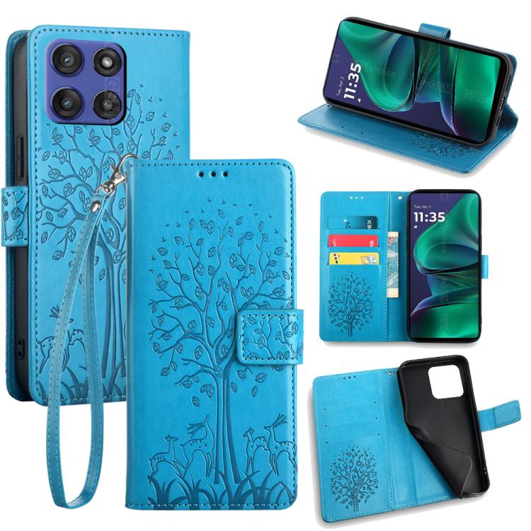 

For Motorola Moto G Stylus 5G 2025 Tree & Deer Embossed Leather Phone Case(Blue)