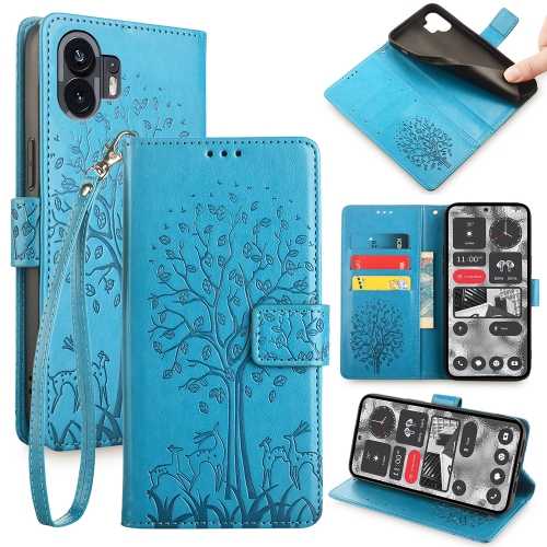 

For Nothing Phone 2 Tree & Deer Embossed Leather Phone Case(Blue)