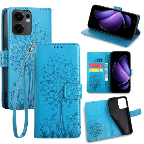 

For OPPO Reno13 F 5G / 4G Tree & Deer Embossed Leather Phone Case(Blue)