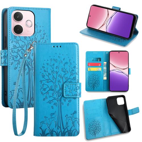 

For OPPO A5 Pro 5G Global Tree & Deer Embossed Leather Phone Case(Blue)