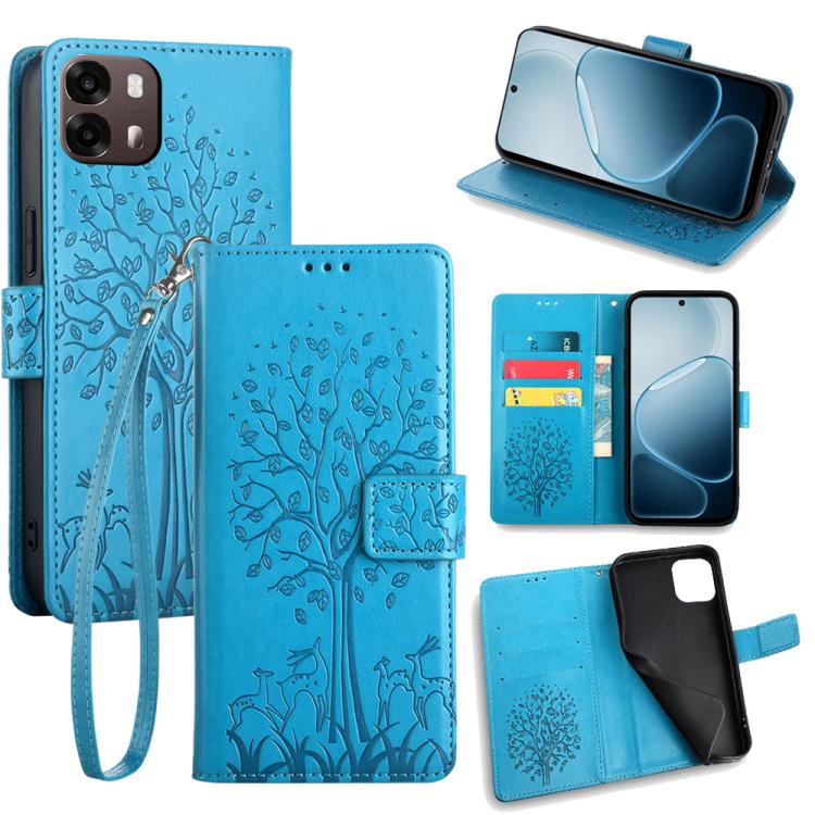 

For OPPO A6s 4G Tree & Deer Embossed Leather Phone Case(Blue)