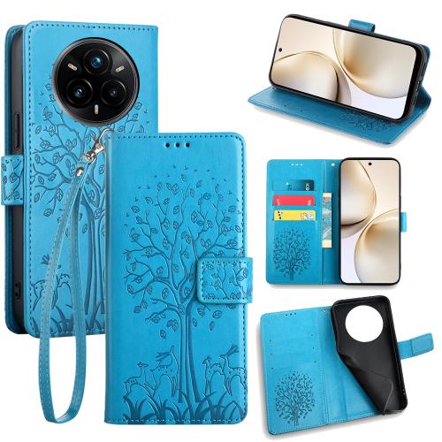 

For Realme 14 Pro+ 5G Tree & Deer Embossed Leather Phone Case(Blue)