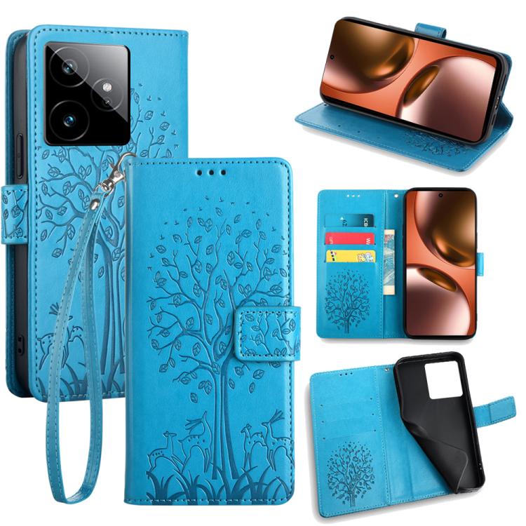 

For Realme GT 7 Tree & Deer Embossed Leather Phone Case(Blue)