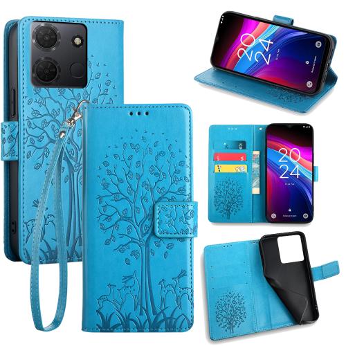 

For TCL 503 4G Tree & Deer Embossed Leather Phone Case(Blue)