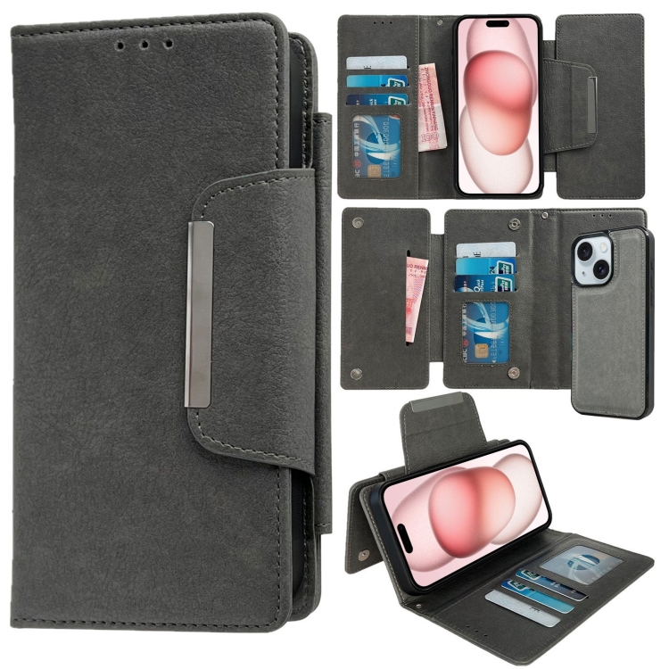 

For iPhone 15 Plus Multifunctional 7-Cards Wallet Leather Phone Case(Grey)