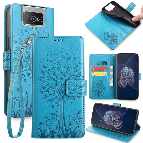 

For Asus Zenfone 8 Flip Tree & Deer Embossed Leather Phone Case(Blue)