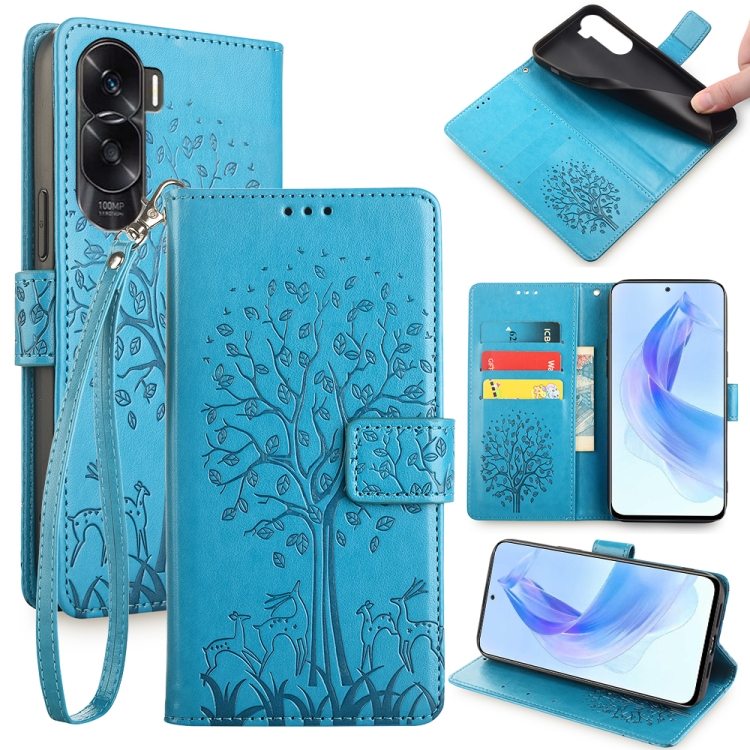 

For Honor X50i 5G Tree & Deer Embossed Leather Phone Case(Blue)