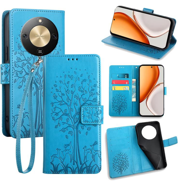 

For Honor X70 5G Tree & Deer Embossed Leather Phone Case(Blue)