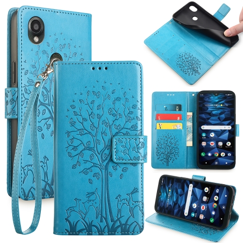 

For Kyocera Digno SX3-KYG02 Tree & Deer Embossed Leather Phone Case(Blue)