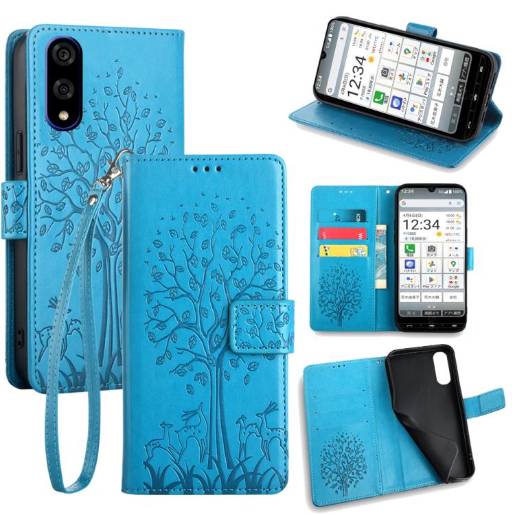 

For Kyocera BASIO Active3 Tree & Deer Embossed Leather Phone Case(Blue)