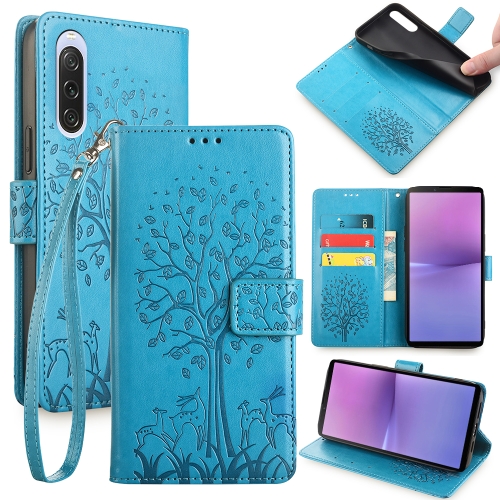 

For Sony Xperia 10 V Tree & Deer Embossed Leather Phone Case(Blue)