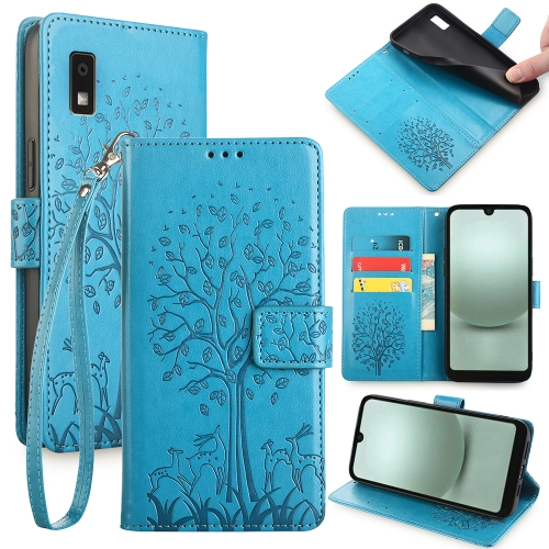 

For Sharp Aqous Wish 3 Tree & Deer Embossed Leather Phone Case(Blue)