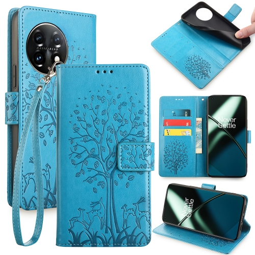 

For OnePlus 11 Tree & Deer Embossed Leather Phone Case(Blue)