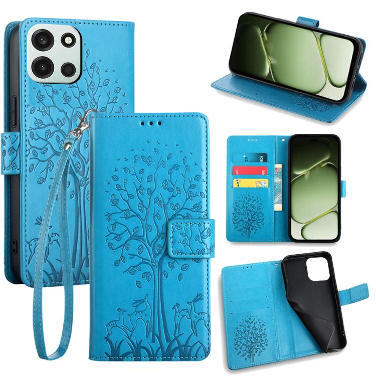 

For OnePlus Turbo 6 / 6V Tree & Deer Embossed Leather Phone Case(Blue)