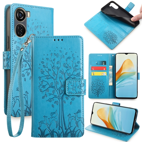 

For ZTE Axon 40 Lite 4G Tree & Deer Embossed Leather Phone Case(Blue)