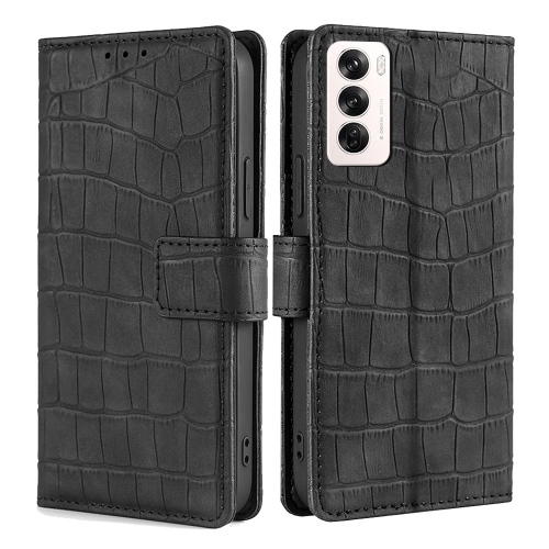 

For OPPO Reno12 5G Global Skin Feel Crocodile Magnetic Clasp Leather Phone Case(Black)