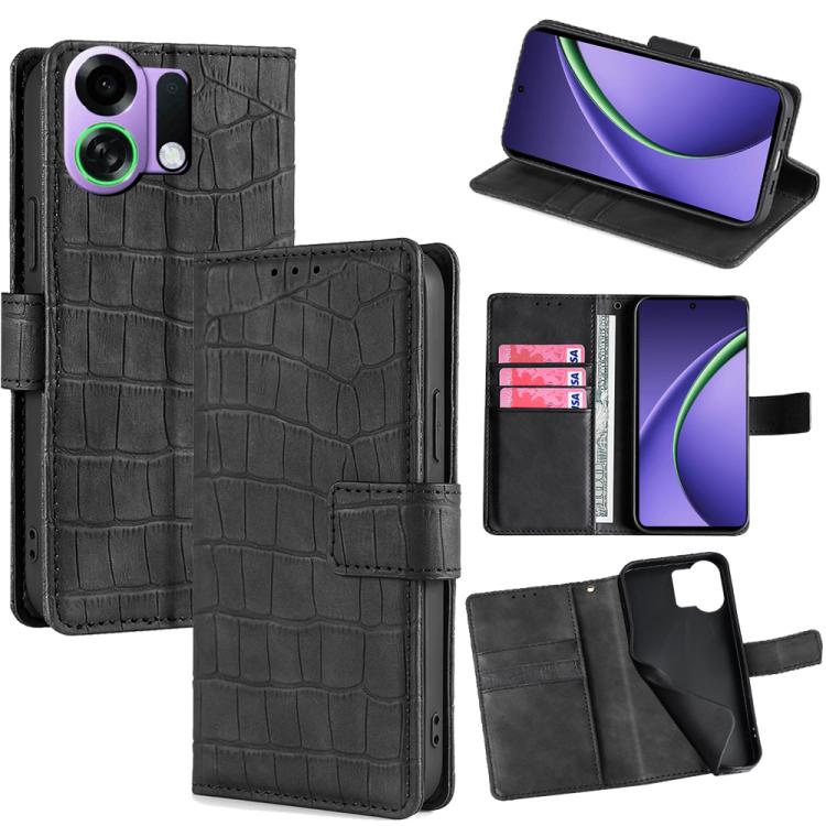 

For OPPO K13 Turbo Pro 5G Skin Feel Crocodile Magnetic Clasp Leather Phone Case(Black)