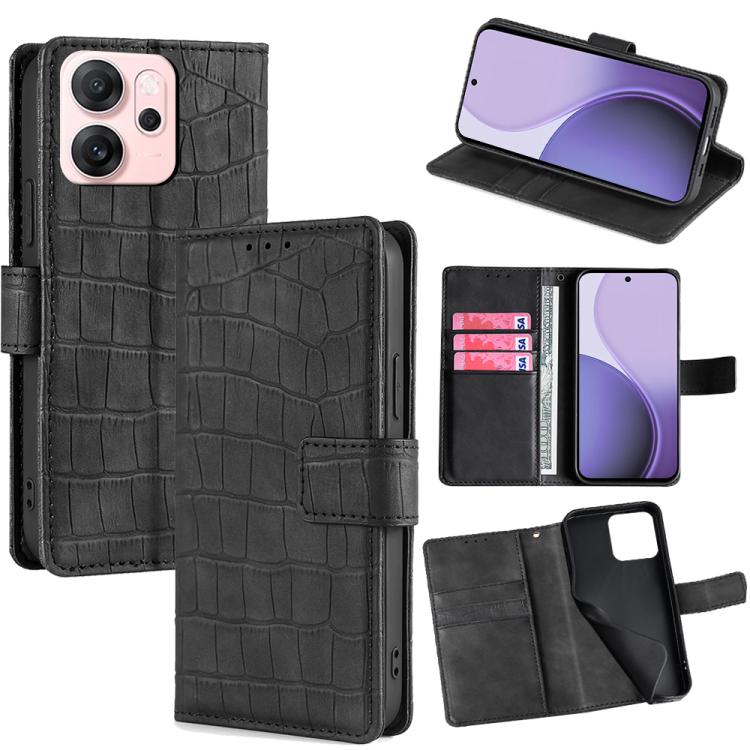 

For OPPO Reno14 F 5G Skin Feel Crocodile Magnetic Clasp Leather Phone Case(Black)