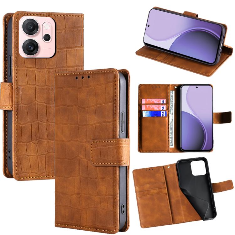 

For OPPO Reno14 F 5G Skin Feel Crocodile Magnetic Clasp Leather Phone Case(Brown)