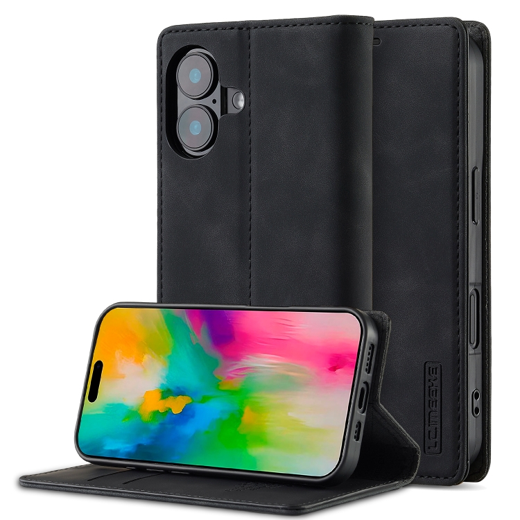 

For iPhone 16 LC.IMEEKE Strong Magnetism Microfiber Leather Phone Case(Black)