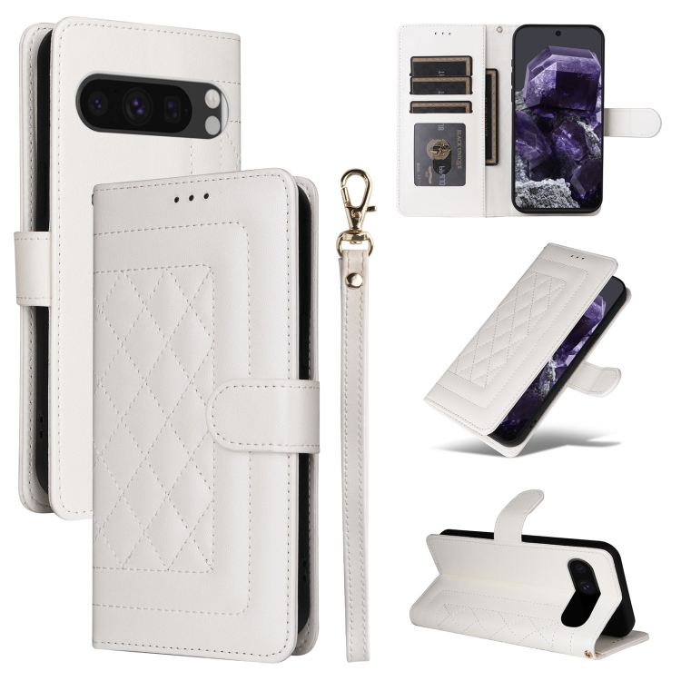 

For Google Pixel 9 Pro Diamond Lattice Leather Flip Phone Case(White)