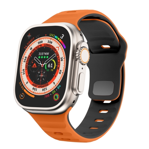 For Apple Watch SE 2023 44mm Wave Texture Reverse Buckle Silicone Watch Band(Orange Black)