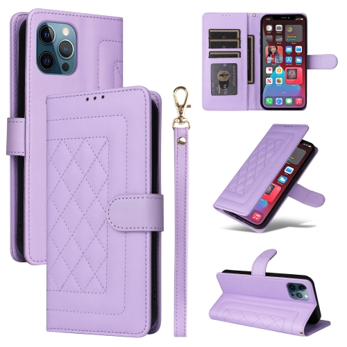 

For iPhone 12 Pro Max Diamond Lattice Leather Flip Phone Case(Light Purple)