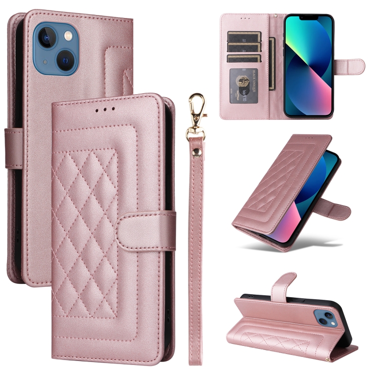 

For iPhone 13 Diamond Lattice Leather Flip Phone Case(Rose Gold)