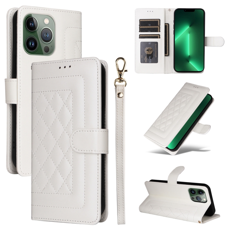 

For iPhone 13 Pro Diamond Lattice Leather Flip Phone Case(White)